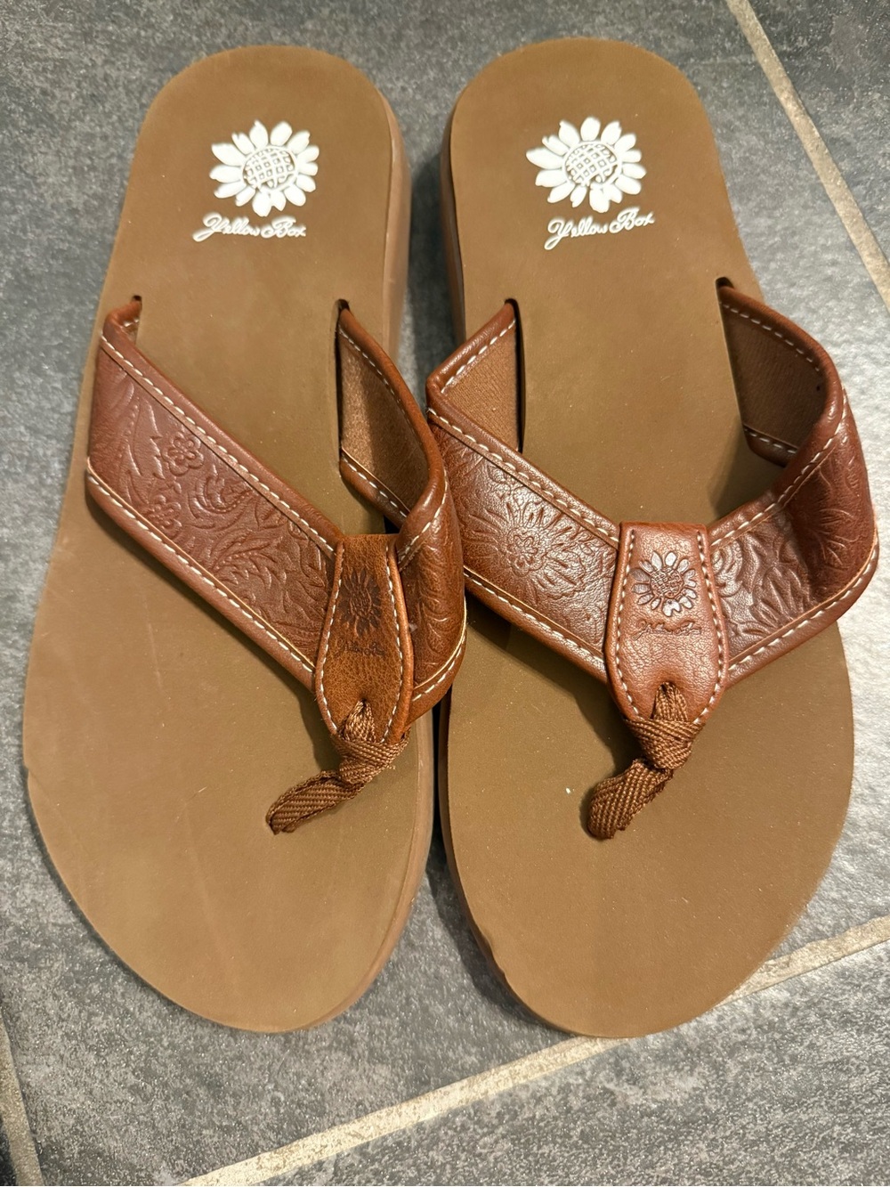 Yellow Box Men's Brown Embossed Leather-Style Thong Sandals